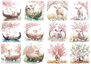 Papier klasyczny A4 do decoupage - Wielkanoc, baranki, owieczki,  jagnięta, pisanki, kwiaty, łódka