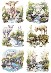 Papier klasyczny A4 do decoupage - Wielkanoc, baranki, owieczki,  jagnięta, pisanki, kwiaty, strumyk
