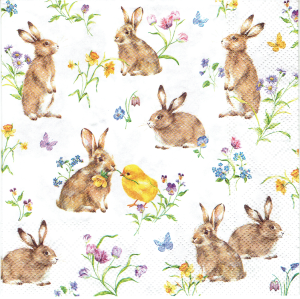 Serwetka decoupage 33x33 cm - Wielkanoc, zające, zajączki, kwiaty