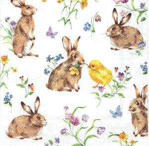 Serwetka decoupage mała 25x25cm - zające, zajączki, kurczak, kwiaty