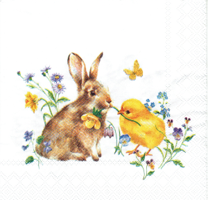 Serwetka decoupage mała 25x25cm - zając, zajączek, kurczak, kwiaty