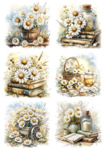 Papier ryżowy A4 Artando do decoupage - kwiaty, stokrotki, książki, słoiki, koszyki