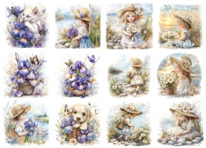 Papier ryżowy A4 Artando do decoupage - widok, pejzaż, kwiaty, irysy , stokrotki, dzieci