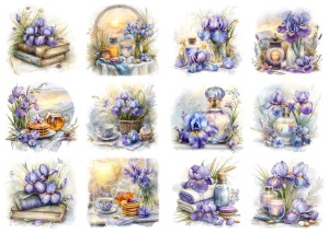 Papier ryżowy A4 Artando do decoupage - kwiaty, irysy, książki, świece, słoiki, widok