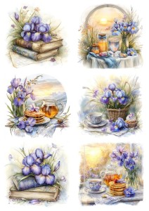 Papier ryżowy A4 Artando do decoupage - kwiaty, irysy, książki, widok