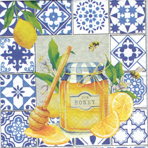 Serwetka decoupage 33x33 cm - miód, cytryny, pszczoły, kafelki, mozaika