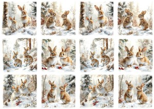 Papier ryżowy A4 do decoupage Artando  - zające, zajączki, las, zima