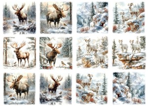 Papier ryżowy A4 do decoupage Artando  - łosie, kozice, las, drzewa, zima