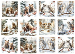 Papier ryżowy A4 do decoupage Artando  - niedźwiedzie, sowy, las, drzewa, zima 