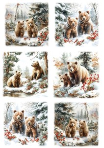 Papier ryżowy A4 do decoupage Artando  - niedźwiedzie, las, drzewa, zima