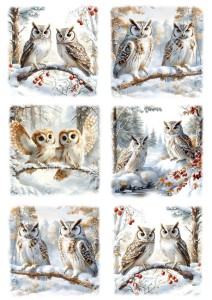 Papier ryżowy A4 do decoupage Artando  - ptaki, sowy, sówki, las, drzewa, zima 