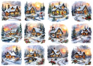 Papier ryżowy A4 do decoupage Artando - widok, domy, domki, chatki, święta, zima