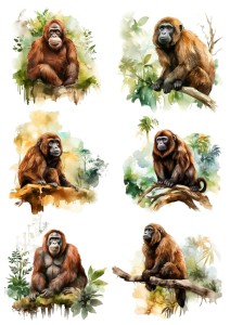 Papier ryżowy A4 Artando do decoupage - małpy, orangutany, liście