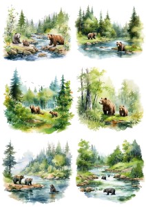 Papier ryżowy A4 Artando do decoupage - widok, pejzaż, niedźwiedzie, rzeka, las