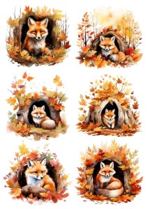 Papier ryżowy A4 Artando do decoupage - lisy, las, drzewa, nory, liście, jesień