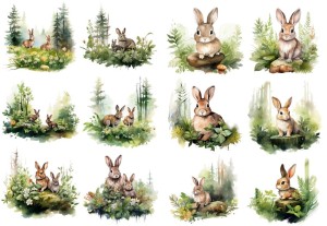 Papier ryżowy A4 Artando do decoupage - zające, zajączki, las, liście, drzewa