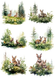 Papier ryżowy A4 Artando do decoupage - zające, zajączki, las, liście, drzewa