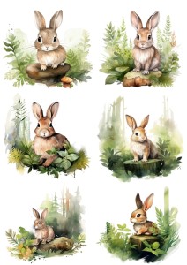 Papier ryżowy A4 Artando do decoupage - zające, zajączki, las, liście, drzewa