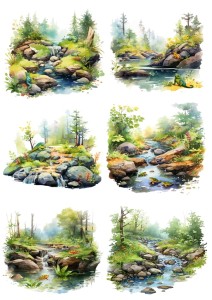 Papier ryżowy A4 Artando do decoupage - widok, strumyk, las, żaby, jaszczurki