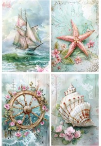 Papier ryżowy A4 Artando do decoupage - statek, ster, muszla, rozgwiazda, kwiaty, róże