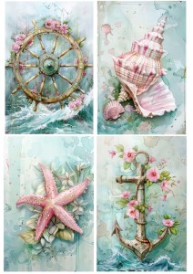 Papier ryżowy A4 Artando do decoupage - ster, kotwica, muszla, rozgwiazda, morze, kwiaty