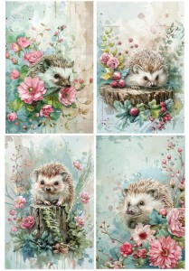 Papier ryżowy A4 Artando do decoupage - Jeże, jeżyki, kwiaty, liście