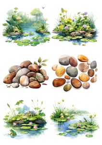 Papier ryżowy A4 Artando do decoupage - staw, żaby, kwiaty, lilie wodne, kamienie