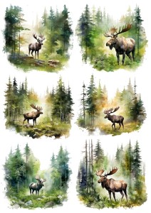 Papier ryżowy A4 Artando do decoupage - łosie, łoś, las, drzewa