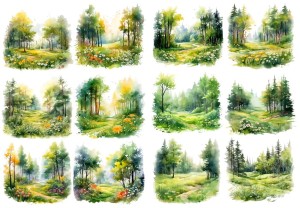 Papier ryżowy A4 Artando do decoupage - widok, pejzaż, las, drzewa, kwiaty