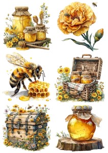 Papier ryżowy A4 Artando do decoupage - pszczoły, miód, ule, plastry, kwiaty