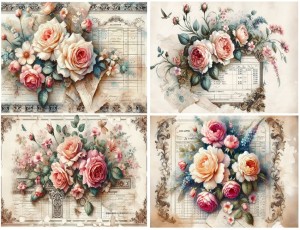 Papier ryżowy A4 Artando do decoupage - kwiaty, róże, Vintage, napisy