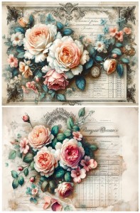 Papier ryżowy A4 Artando do decoupage - kwiaty, róże, Vintage, napisy