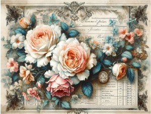 Papier ryżowy A4 Artando do decoupage - kwiaty, róże, Vintage, napisy
