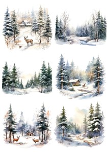 Papier ryżowy A4 do decoupage Artando - widok, pejzaż zimowy, sarny, las