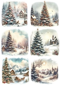 Papier ryżowy A4 do decoupage Artando - widok zimowy, pejzaż, domy, choinki, zima