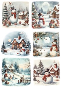 Papier ryżowy A4 do decoupage Artando - widok zimowy, pejzaż, domy, bałwany, zima