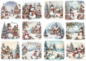 Papier ryżowy A4 do decoupage Artando - widok zimowy, pejzaż, domy, bałwany, zima