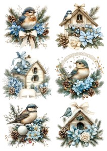 Papier ryżowy A4 do decoupage Artando - ptaki, budki, kwiaty, szyszki, stroiki