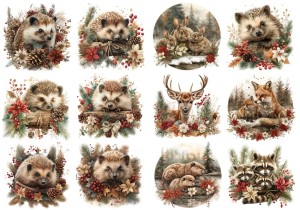 Papier ryżowy A4 do decoupage Artando - zwierzęta, jeże, kwiaty, szyszki, zima