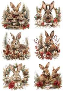 Papier ryżowy A4 do decoupage Artando - zające, kwiaty, szyszki, zima