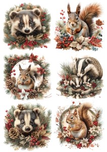 Papier ryżowy A4 do decoupage Artando - borsuki, wiewiórki, kwiaty, szyszki, zima