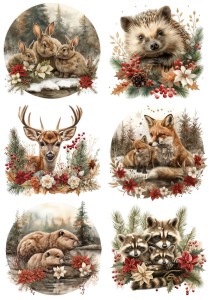 Papier ryżowy A4 do decoupage Artando - zwierzęta,  kwiaty, szyszki, zima