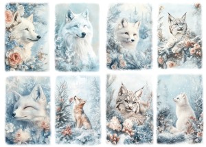 Papier ryżowy A4 do decoupage Artando - wilki, lisy, rysie, kwiaty, zima, mróz, szron