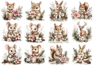 Papier ryżowy A4 do decoupage Artando - myszy, zające, wiewiórki, stroiki, kwiaty, szyszki