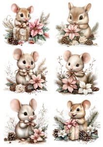 Papier ryżowy A4 do decoupage Artando - myszy, stroiki, kwiaty, szyszki