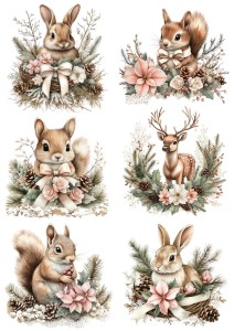 Papier ryżowy A4 do decoupage Artando - wiewiórki, zające, jeleń, stroiki, kwiaty, szyszki
