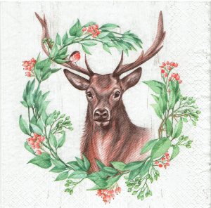 Serwetka decoupage 33x33 cm - jeleń, jelonek, wianek, liście, głóg