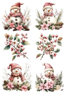 Papier ryżowy A4 do decoupage Artando - bałwany, bałwanki, głóg, stroiki, kwiaty, szyszki 