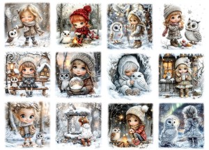Papier ryżowy A4 do decoupage Artando - dzieci, dziewczynki, ptaki, sowy, zima