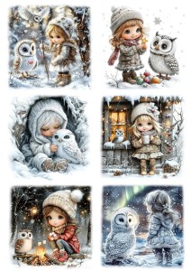 Papier ryżowy A4 do decoupage Artando - dzieci, dziewczynki, ptaki, sowy, zima